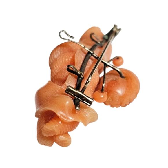 Antique Victorian Carved Coral Pendant Brooch 12k Gold Rope Ribbon Basket Tiara - Picture 6 of 9